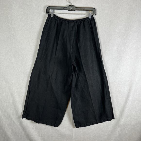 KLEEN Lagenlook 100% LINEN PANTS Size XS 0 2 Black Crop Wide Leg Comfort Pull On - Picture 2 of 8